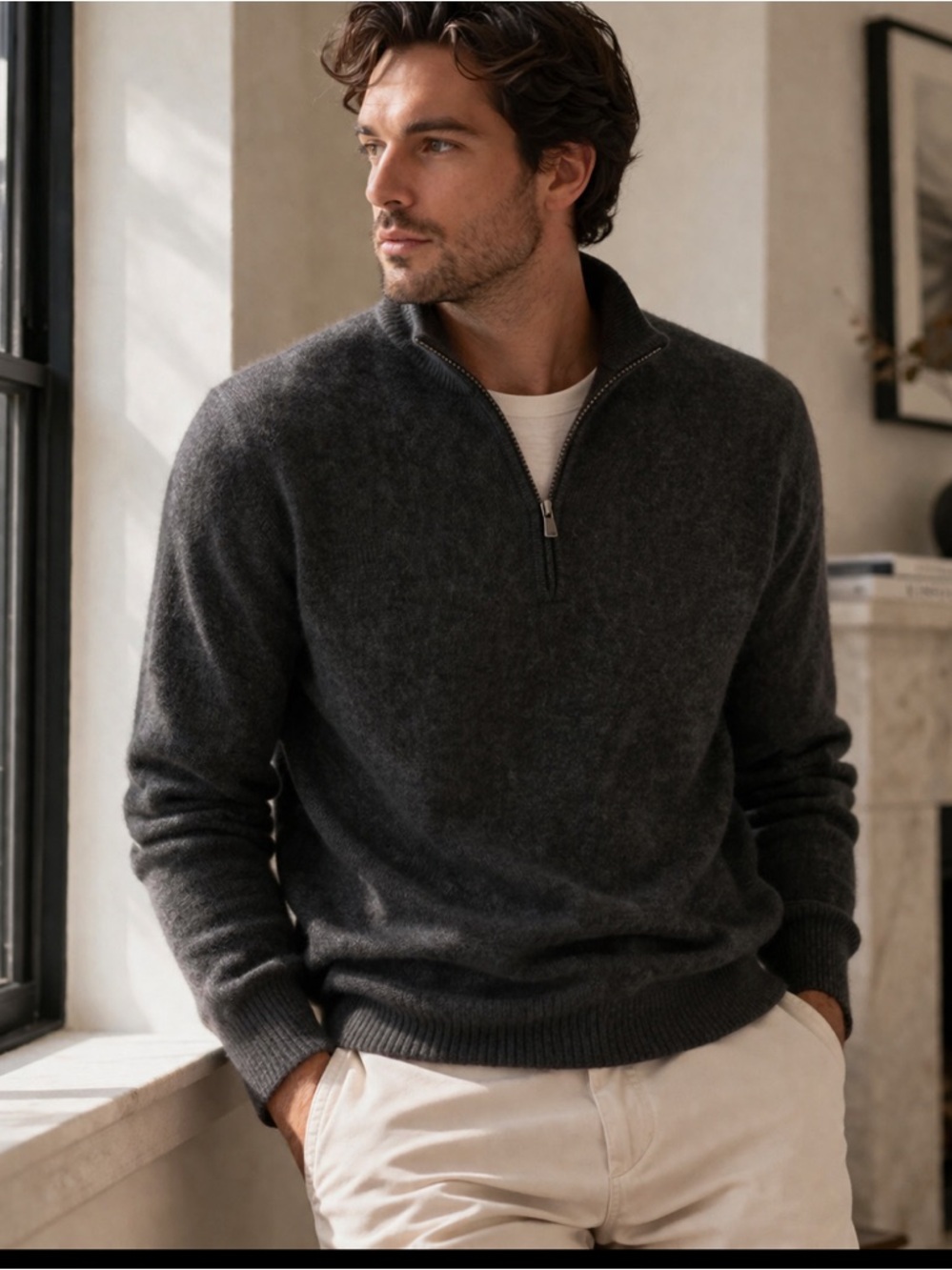 100% Cashmere Quarter Zip Sweater Gray Men’s Medium Luxury Minimalist Classic